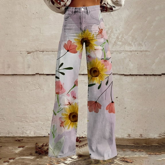 Tittly Wide Leg Pants Woman Jeans for Women Wide Leg Pants Woman High Waist Floral Patterned Pants Lightweight Loose Fit Casual Jeans Sweatpants Women Lounge Pants Women Pink XL