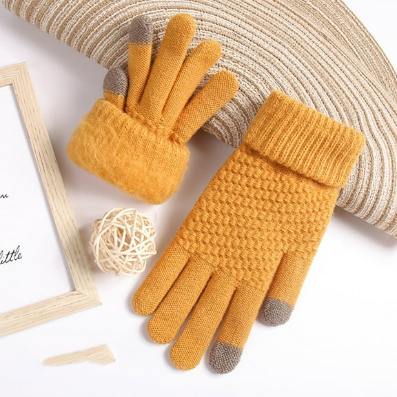 Tittly Winter Gloves Gloves for Women Winter Mesh Gloves Women'S Knitted Plus Velvet Thickened Autumn And Winter Warm Pattern Gloves (Adult Gloves) Knit Gloves Warm Gloves Yellow One Size