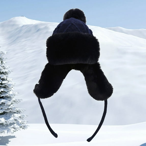 Tittly Winter Hats Beanie Cosy Beanie Hat Women Warm Faux Trapper Hat Fuzzy Ear Ski Snow Hats For Outdoors Skull Caps Hats for Women Navy One Size