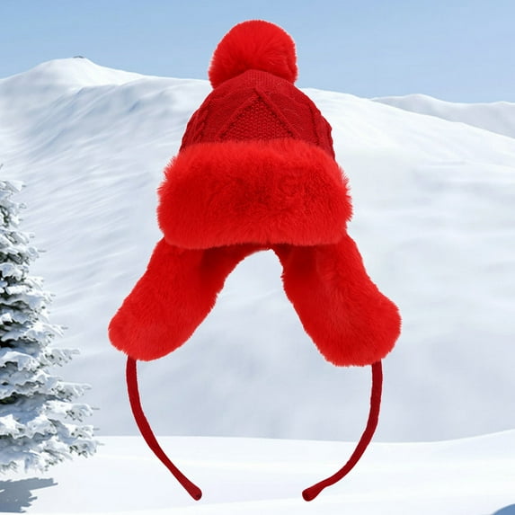 Tittly Winter Hats Beanie Cosy Beanie Hat Women Warm Faux Trapper Hat Fuzzy Ear Ski Snow Hats For Outdoors Skull Caps Hats for Women Red One Size