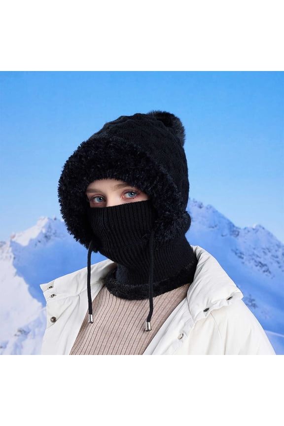 Winter Hats Beanie Hood Ski Over Windproof Plush Hood Fuzzy Ski Winter Adjustable Women Men Skull Caps Hats for Women Black One Size