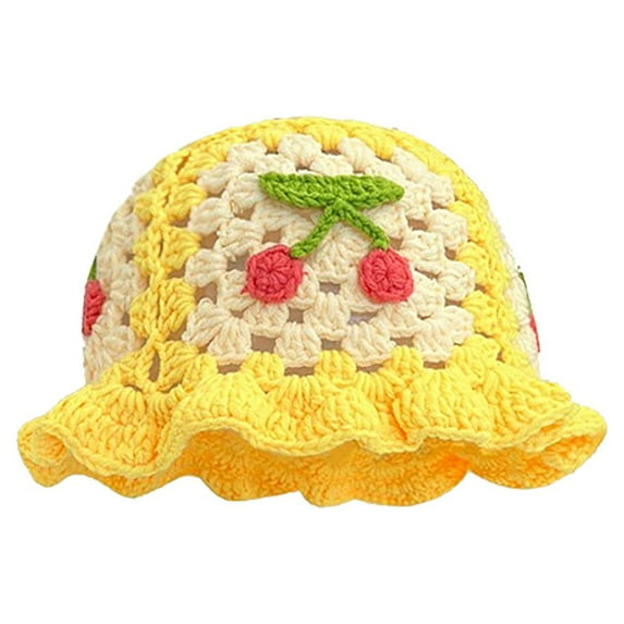 Tittly Winter Hats Beanie Japanese Vintage Hollow Flowers Handmade Knitted Pot Hat Women's Autumn And Winter Sweet All Wool Hat Show Small Skull Caps Hats for Women Yellow M