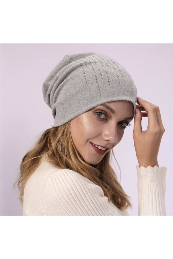 Winter Hats Beanie Knitted Double Layer Hot Drill To Keep Warm Neutral Loose Lightweight Hip Hop Soft Cotton Casual Elastic Wool Hat Skull Caps Hats for Women Grey One Size