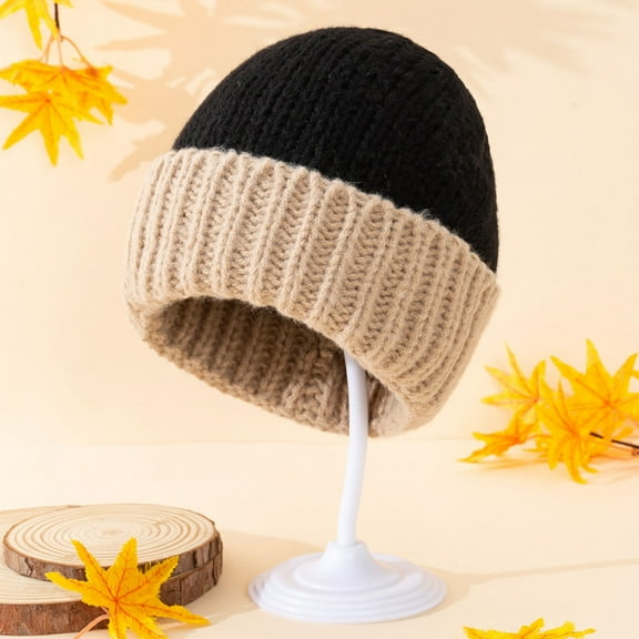 Tittly Winter Hats Beanie Winter Knitted Thickened Woolen Hat For Women Versatile Large Head Circumference Face Showing Small Knitted Hat Ear And Warmth Skull Caps Hats for Women Black One Size