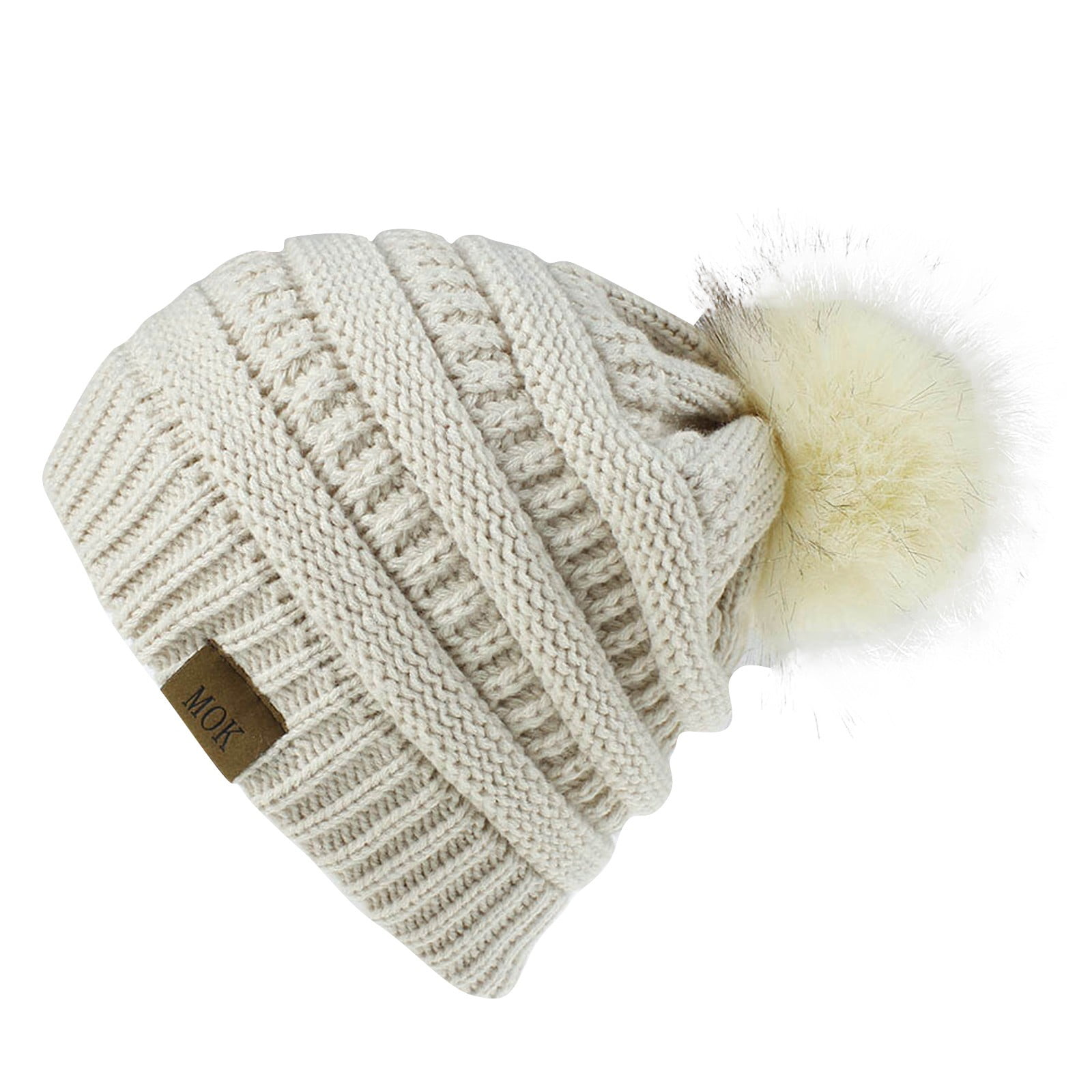 Women\'s Beige Winter Warm Knitted Beanie Faux Fur Pom Knit Skull Style Hat Cap C.C YJ820 - Thick Cable Knit Hat Faux Fur Pom Pom Fleece  main image 2