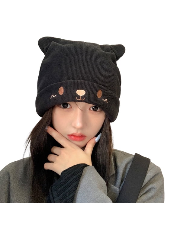 Winter Hats Beanie Women Men Girls Boys Teens Cute Cat Ear Knit Cable Rib Hat Cap Beanie Soft Cold Cozy Autumn Winter Women Beanie Cap For Outdoor Skull Caps Hats for Women Black One Size