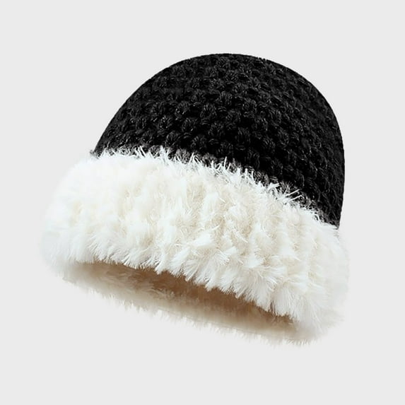 Tittly Winter Hats Beanie Women's Foldable Handmade Ear Warm Wool Cap Cotton Hat Knitted Hat Windproof Cold Sweat Hat Skull Caps Hats for Women Black One Size