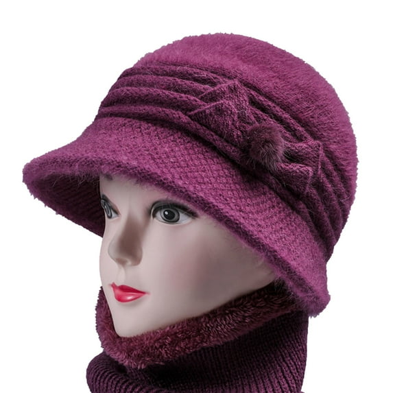 Tittly Winter Hats Beanie Women's Woolen Knitted Warm Basin Hat Padded Cotton Hat Skull Caps Hats for Women Purple One Size