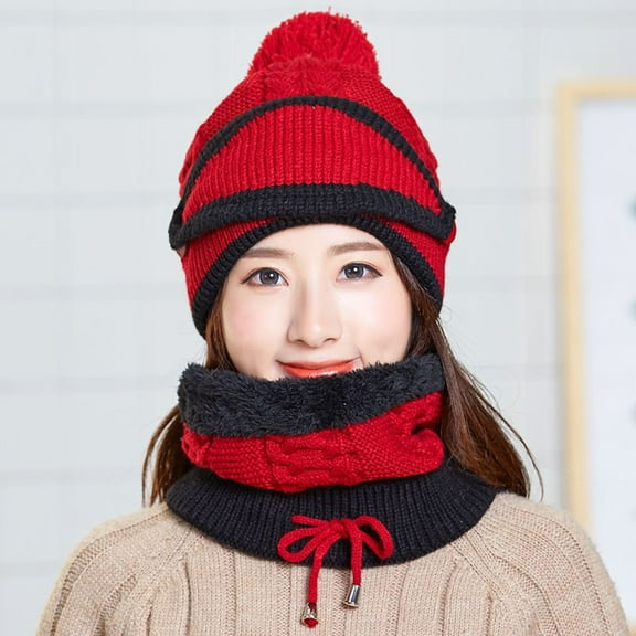 Tittly Winter Hats Beanie Womens Cover Set Scarf Winter Thickend 3PCS Hat Outdoor Scarf Knitted Accessory Skull Caps Hats for Women Red One Size