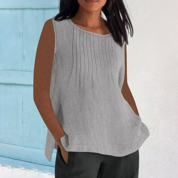 Tittly Women Tank Tops Womens Flowy Tank Tops Tank Tops for Women 2025 Womens Linen Shirts Solid Color Sleeve Tops Summer Round Neck Work Blouses Ladies Basic Tunic Tops Gray