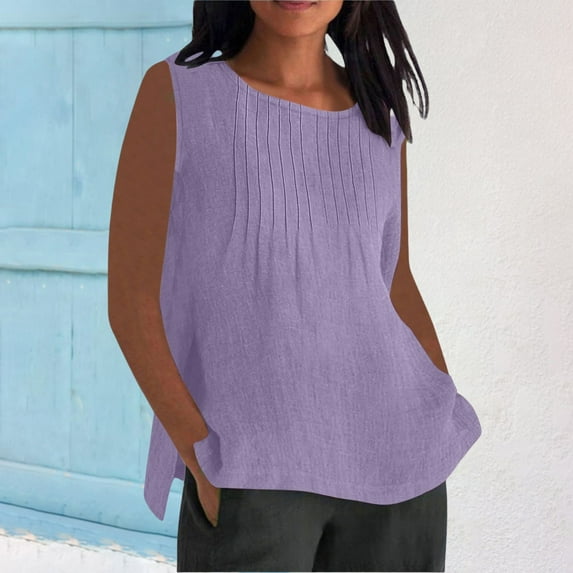 Tittly Women Tank Tops Womens Flowy Tank Tops Tank Tops for Women 2025 Womens Linen Shirts Solid Color Sleeve Tops Summer Round Neck Work Blouses Ladies Basic Tunic Tops Gold