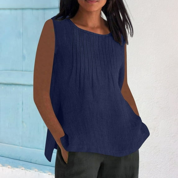 Tittly Women Tank Tops Womens Flowy Tank Tops Tank Tops for Women 2025 Womens Linen Shirts Solid Color Sleeve Tops Summer Round Neck Work Blouses Ladies Basic Tunic Tops Blue