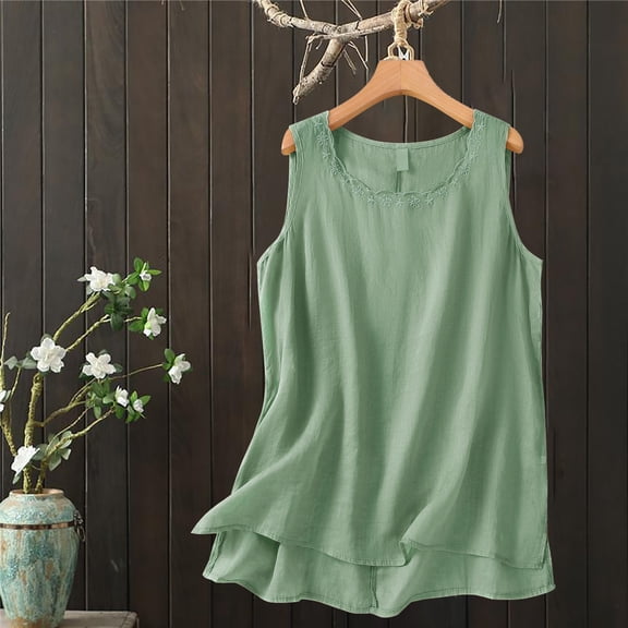 Tittly Women Tank Tops Womens Loose Tank Tops Basics Tank Tops for Women Linen Tank Tops For Women Sleeveless Neck Tanks Baggy Loose Fit Comfort Breathable Shirts Trending Tunic Green