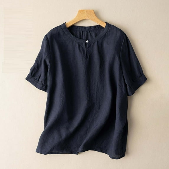 Tittly Womens Linen Shirt Blusas De Lino Para Mujer Linen Blouses for Women Tops For Women Floral Cotton Linen Tunic Tshirt Tee Women 3/4 Sleeve V Neck Button Boho Ethnic Blue