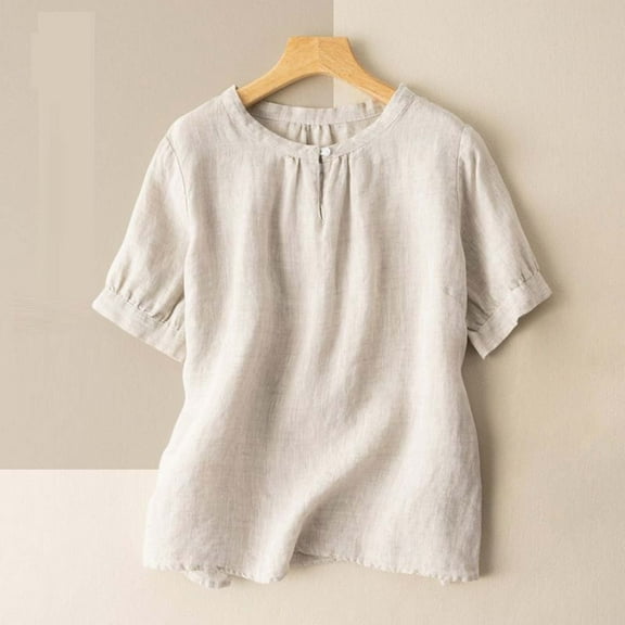 Tittly Womens Linen Shirt Blusas De Lino Para Mujer Linen Blouses for Women Tops For Women Floral Cotton Linen Tunic Tshirt Tee Women 3/4 Sleeve V Neck Button Boho Ethnic Beige