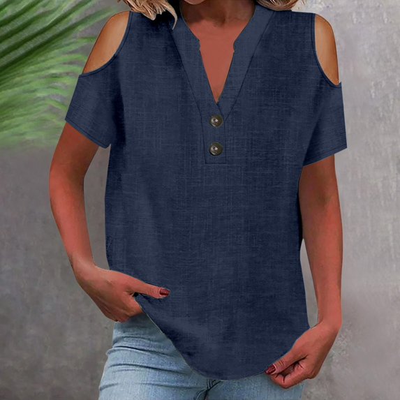Tittly Womens Linen Shirt Blusas De Lino Para Mujer Linen Blouses for Women Women's Fashion Casual V Neck Short Sleeve Top T Shirt Blue