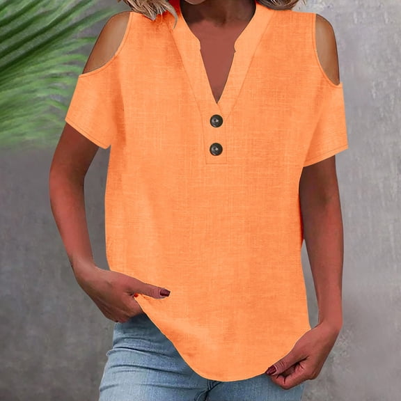 Tittly Womens Linen Shirt Blusas De Lino Para Mujer Linen Blouses for Women Women's Fashion Casual V Neck Short Sleeve Top T Shirt Orange