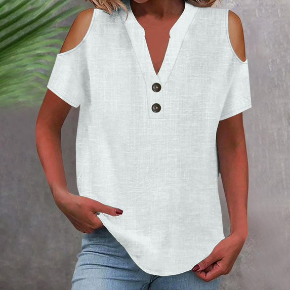 Tittly Womens Linen Shirt Blusas De Lino Para Mujer Linen Blouses for Women Women's Fashion Casual V Neck Short Sleeve Top T Shirt White
