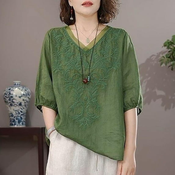 Tittly Womens Linen Shirt Blusas De Lino Para Mujer Linen Button Up Shirts for Women Women's Embroidered Top Cotton Linen Puff Short Sleeve Crewneck Boho Blouse T Shirts Green
