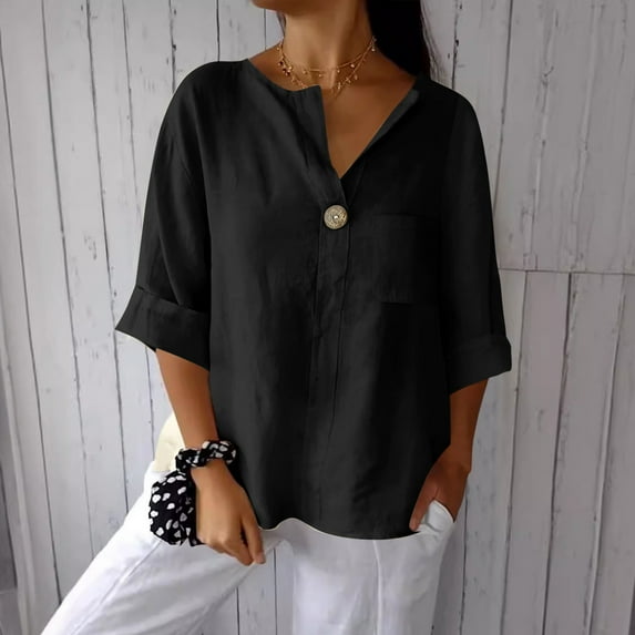 Tittly Womens Linen Shirt Camisas De Lino Para Mujer Linen Button Up Shirts for Women Cotton Linen Shirts For Women Summer V Neck 3/4 Sleeve Tops Beach Blouses Tunic Tops Black