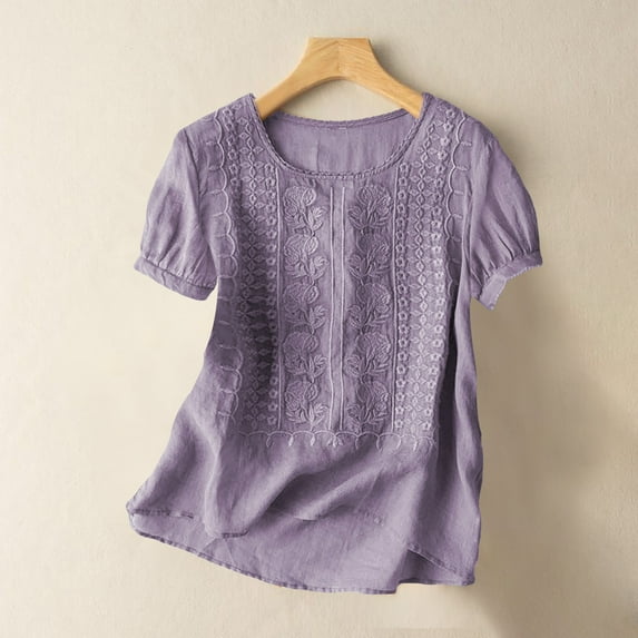 Tittly Womens Linen Shirt Camisas De Lino Para Mujer Plus Size Gauze Tops for Women Women's Fashionable Casual Solid Color Pleated Cotton And Linen Tops Shirts And T Shirts Purple