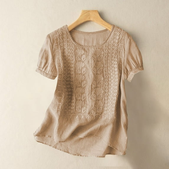 Tittly Womens Linen Shirt Camisas De Lino Para Mujer Plus Size Gauze Tops for Women Women's Fashionable Casual Solid Color Pleated Cotton And Linen Tops Shirts And T Shirts Beige