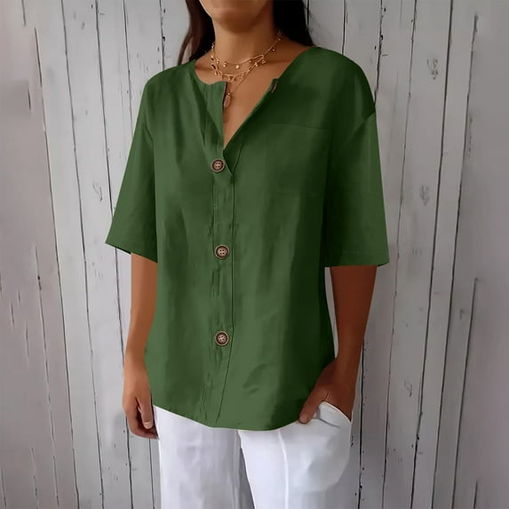 Tittly Womens Linen Shirt Camisas Para Mujer Plus Size Gauze Tops for Women Cotton Linen Shirts For Women Summer V Neck 3/4 Sleeve Tops Vacation Beach Solid Blouses Tunic Tops Green