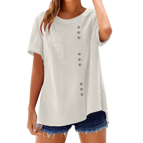 Tittly Womens Linen Shirt Women'S Gauze Tops Linen Blouses for Women Women's Retro Round Neck Button Cotton Linen Loose Casual Shirt Top T Shirt Beach Casual Beige