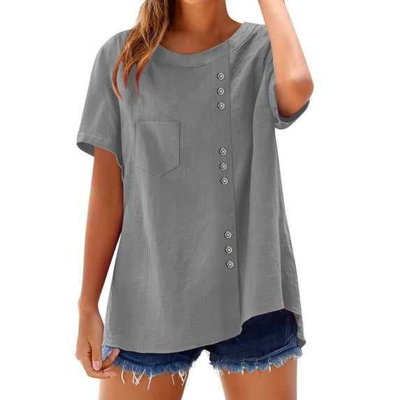 Tittly Womens Linen Shirt Women'S Gauze Tops Linen Blouses for Women Women's Retro Round Neck Button Cotton Linen Loose Casual Shirt Top T Shirt Beach Casual Gray