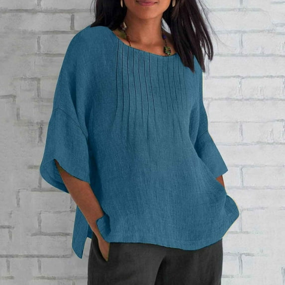 Tittly Womens Linen Shirt Women'S Gauze Tops Linen Blouses for Women Womens Linen Shirts Solid Color 3/4 Sleeve Tops Summer Round Neck Work Blouses Ladies Basic Tunic Tops Blue