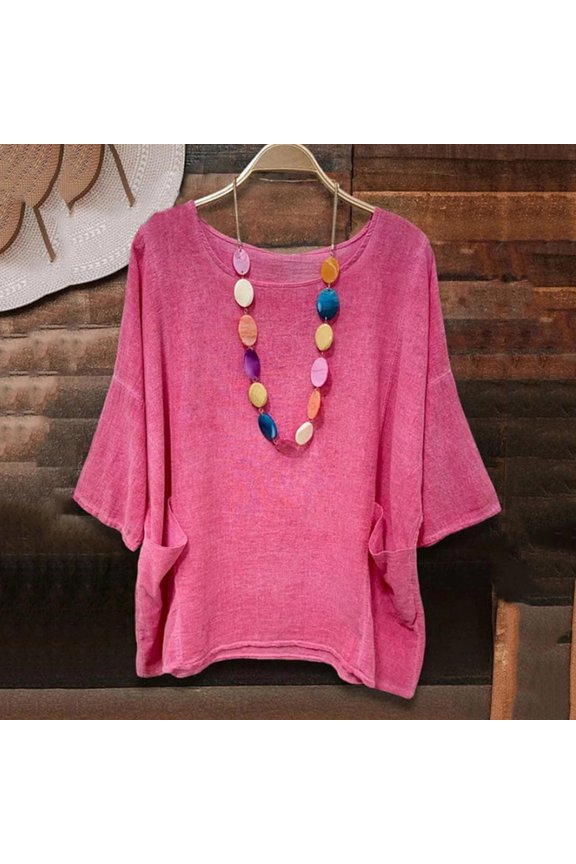 Womens Linen Shirt Women'S Gauze Tops Linen Button Up Shirts for Women Linen Shirts For Women Basic 3/4 Sleeve Tops Round Neck Pullover Tshirt Pink