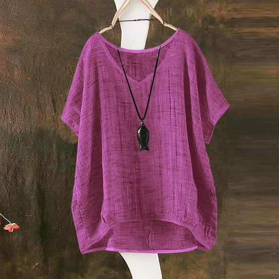 Tittly Womens Linen Shirt Women'S Gauze Tops Linen Button Up Shirts for Women Women's Summer Short Sleeve Solid Casual Loose Linen Top Purple