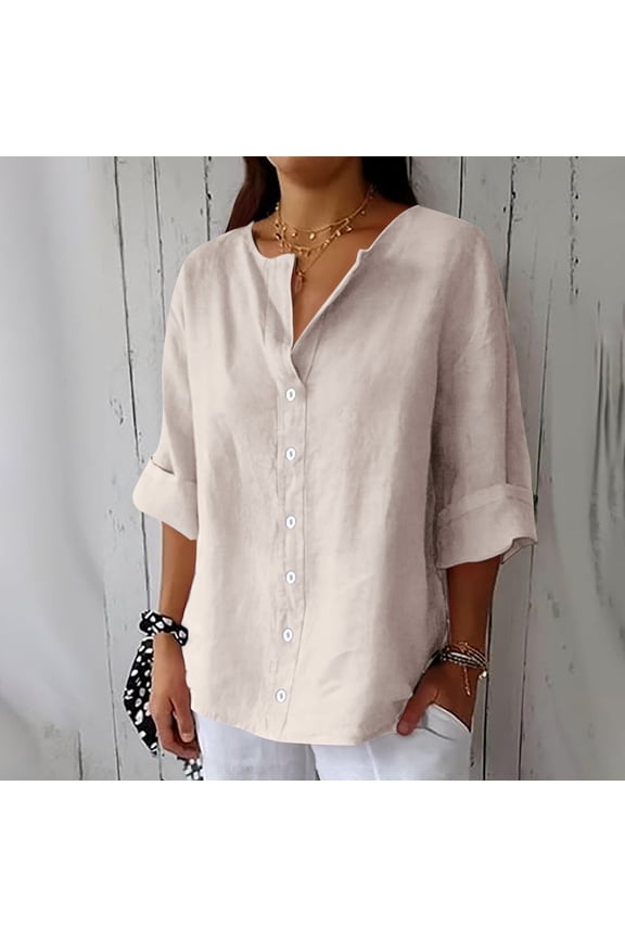 Womens Linen Shirt Women'S Gauze Tops Plus Size Gauze Tops for Women Linen Shirts For Women Summer Cotton Linen V Neck 3/4 Sleeve Tops Beach Blouses Tunic Tops Brown