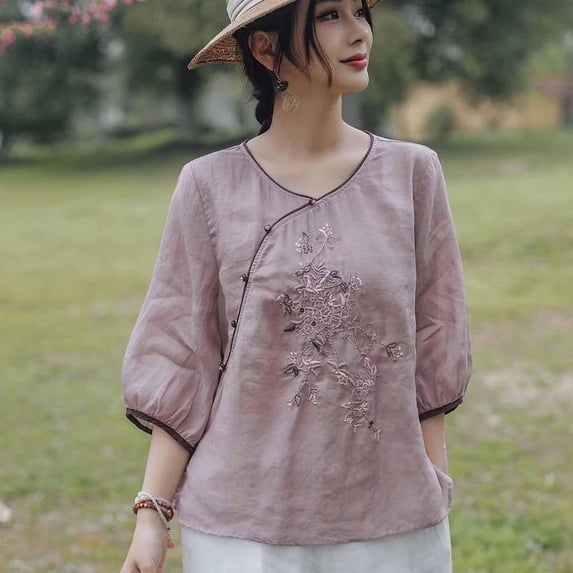 Tittly Womens Linen Tops Womens Oversized Button Down Shirts Linen Tunics for Women 3/4 Sleeve Linen Shirts For Women 2025 Cotton Summer Retro Boho Tops Vacation Blouse Purple