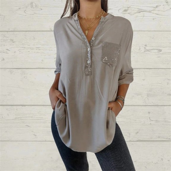 Tittly Womens Shirts Blouses for Women Women's Casual V Neck Collared Button Up Blouse Top Solid Summer Shirt Long Sleeve Shirts Blouses for Women Grey 3XL
