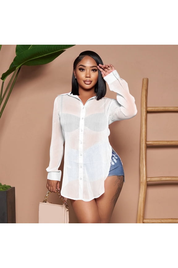 Womens Shirts Long Sleeve Shirts for Women Womens Casual Blouses Long Sleeve Shirts See Through Lapel Open Chiffon Beach Cover Up Tshirts Shirts Workout Shirts Womens Tops White S