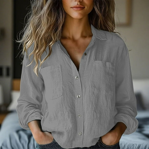Tittly Womens Shirts Long Sleeve Shirts for Women Womens Cotton Linen Button Down Shirt Spring Casual Long Sleeve Solid Color Shirts Loose Work Tops Button Down Shirts Tshirts Shirts Grey S