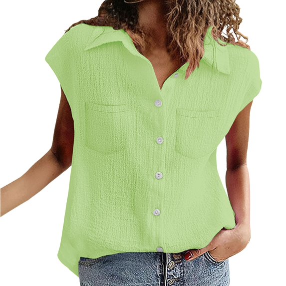 Tittly Womens Shirts Short Sleeve Shirts Ladies Casual Solid Color Breathable Single Breasted Shirts Women's Short Sleeve Cotton And Linen Tops Tshirts Shirts Workout Shirts Mint Green XL