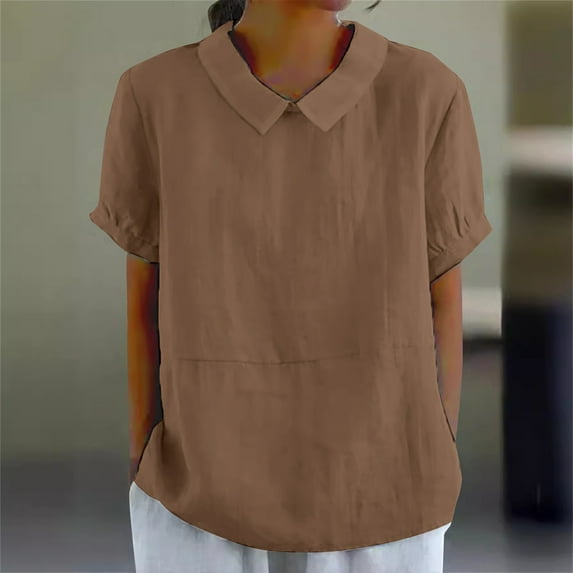 Tittly Womens Shirts Short Sleeve Shirts Women's Summer Solid Color Cotton And Linen Top Tshirts Shirts Workout Shirts Coffee XXL