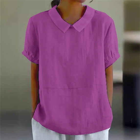 Tittly Womens Shirts Short Sleeve Shirts Women's Summer Solid Color Cotton And Linen Top Tshirts Shirts Workout Shirts Hot Pink 3XL