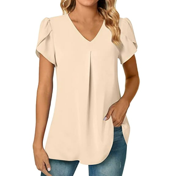 Tittly Womens Shirts Tshirts Shirts Women's Summer Fashion Chiffon Shirt V Neck Short Sleeved Tunic Top Suitable For Leggings Short Sleeve Shirts Womens Tops Beige L