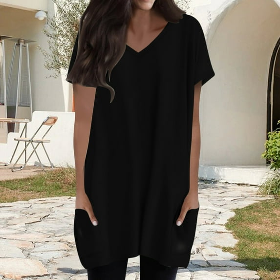 Tittly Womens Shirts Tshirts Shirts Womens Summer 2025 Casual Short Sleeve V Neck Shirts Loose Fit Oversized Tshirts Tunic Tops With Pockets Short Sleeve Shirts T Shirts for Women Black L