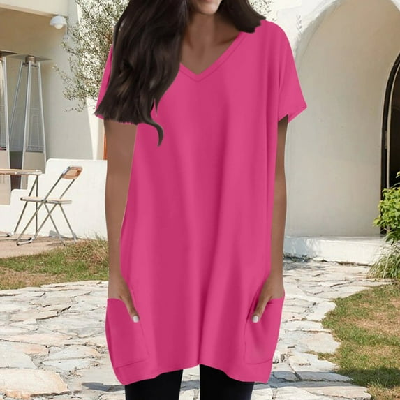 Tittly Womens Shirts Tshirts Shirts Womens Summer 2025 Casual Short Sleeve V Neck Shirts Loose Fit Oversized Tshirts Tunic Tops With Pockets Short Sleeve Shirts T Shirts for Women Hot Pink M