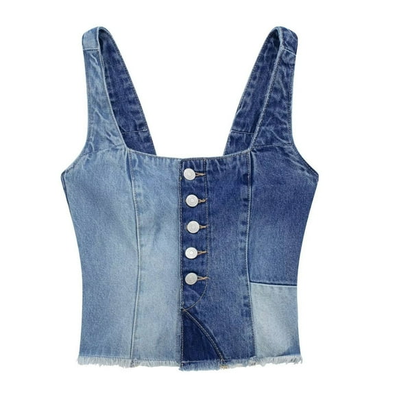 Tittly Womens Tank Tops Vest for Women Women's New Patchwork Short Slim Fit Strap Denim Vest Top Sleeveless Tops for Women Summer Tops Blue M