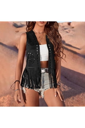 fringe vest western vest women hippie vest brown fringe vest fringe jacket for women cowgirl 2025 Spring/Summer New Off Shoulder Short Sleeve T Shirt For Women Black