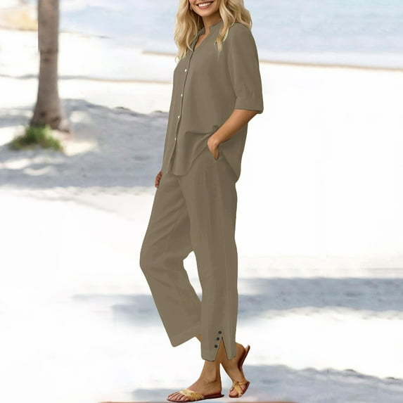 Tittly womens linen set Lounge Travel Sets linen sets for women 2 piece linen matching set women linen pant suits for women Womens Daily Pockets Pants Shirt Trousers Set Brown