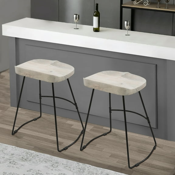 Tiva 24 Inch Handcrafted Backless Counter Height Stool Whitewashed Mango Wood Saddle Seat Black Metal Base - Saltoro