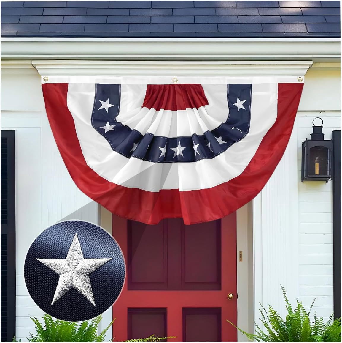Tivamiko 1pcs 2x4ft Patriotic Pleated Fan Flags with Embroidered Stars- American Bunting for 4th of July Porch & Garden Décor