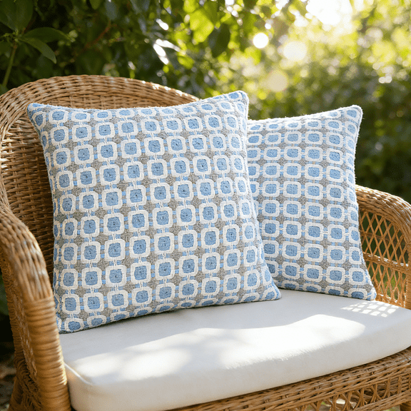 Tivamiko 2-pack 18x18 inch Decorative Throw Pillow Covers, Soft Cotton-like Linen Textured, Boho Rustic Farmhouse Checkered Pattern, for Sofa Couch Living Room Bedroom Decor (Blue)