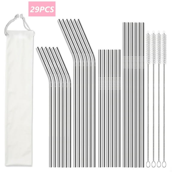 Tivamiko 24 pack Reusable Stainless Steel Straws with Case & 4 Brushes - Fits 30oz & 20oz Tumblers (Long & Short) - Dishwasher Safe, BPA-Free, Silver